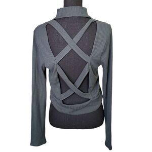 Mixed Threads Dark Green Open Back Criss Cross Ribbed Crop Top Mock Neck Sz Larg